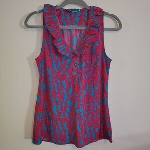 SOUTHERN FROCK AQUA PINK RED PRINT RUFFLE SLEEVELESS TOP BLOUSE SIZE SMALL